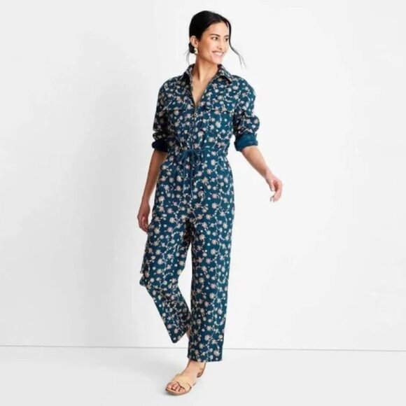 Floral Print Long Sleeve Zip-Front Boilersuit - Future Collective Teal 0 - Picture 1 of 4